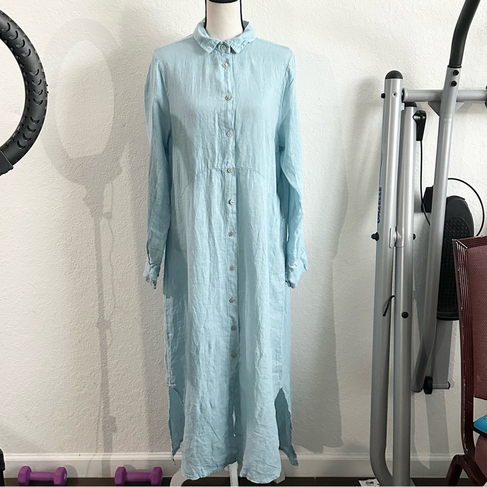 Puro Lino 100% Linen Light Blue Button-Up Maxi Dress Boho Relaxed Italy XS S M